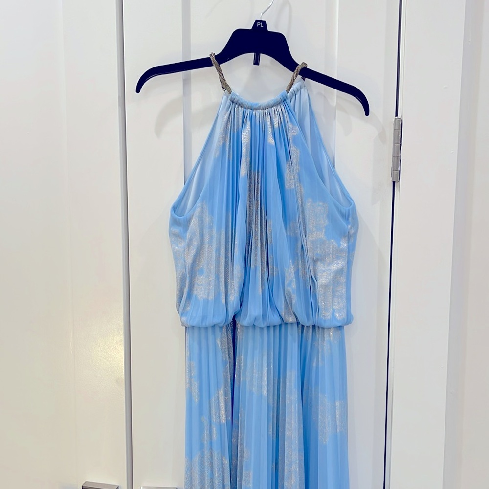Pleated halter gown, periwinkle and silver foil (4P)